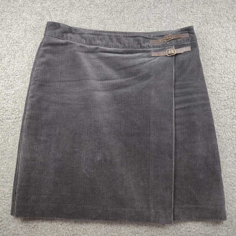 Boden Skirt Sz 12L Corduroy Wrap Buckle Charcoal Grey 100% Cotton EUC
